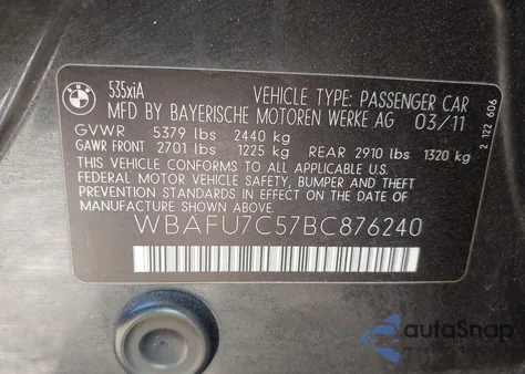 2011 BMW 535I xDrive from USA, damaged, VIN WBAFU7C57BC876240